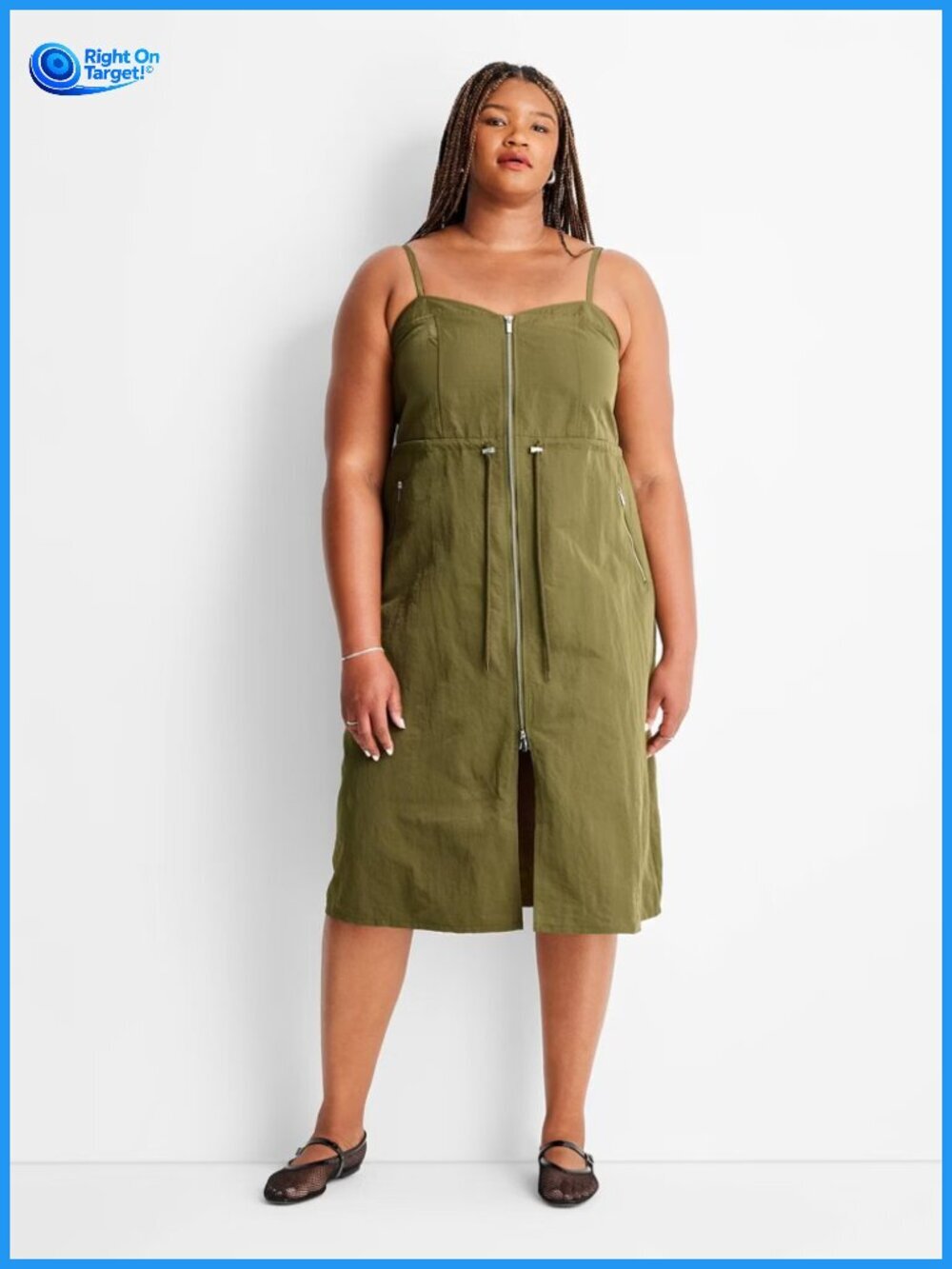 1X - Womens Nylon Zip-Front Midi Dress - Future Collective - Olive Green - Picture 1 of 6